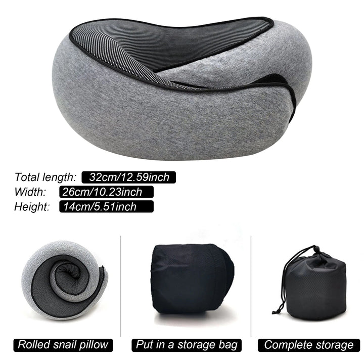Ergonomic memory foam travel accessory, a soft neck pillow for comfortable car rides, train & road trips.