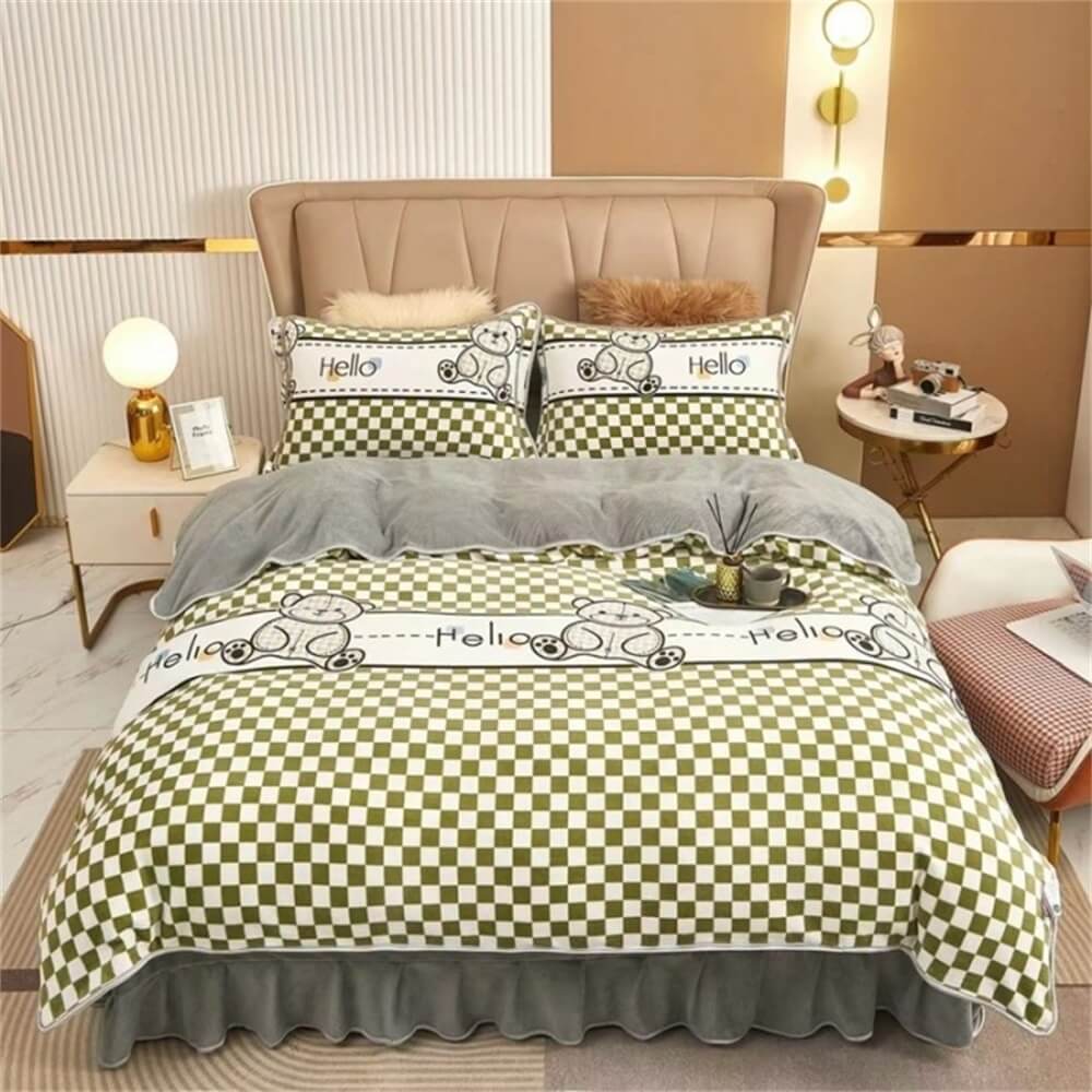 Cozy fleece bedding set, thickened sheets in a neutral shade for a warm winter bedroom