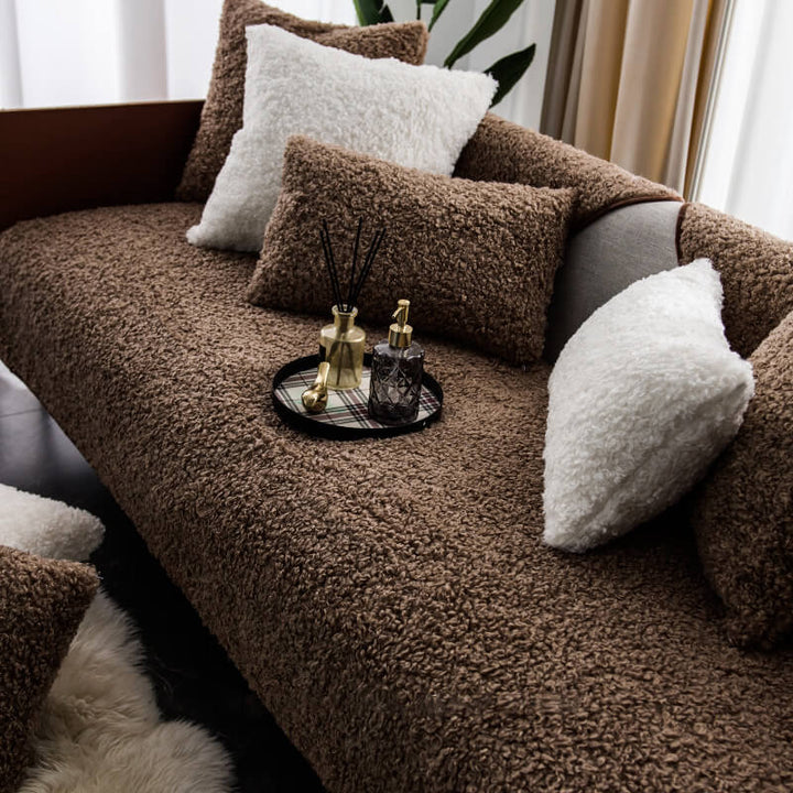 Warm fleece sectional couch cover, non-slip furniture protector for living room home decor