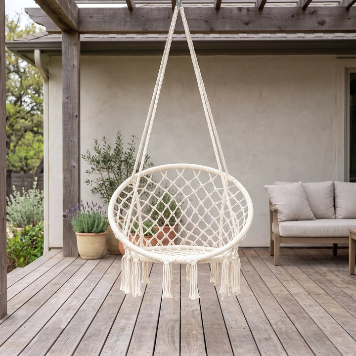 Unisex macrame hanging hammock swing chair, bohemian style, perfect for indoor or outdoor relaxation.