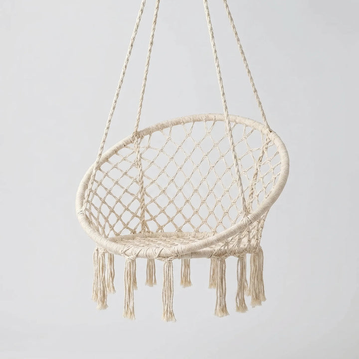 Stylish macrame swing chair for relaxing on the patio, deck, porch, or as unique indoor home decor.