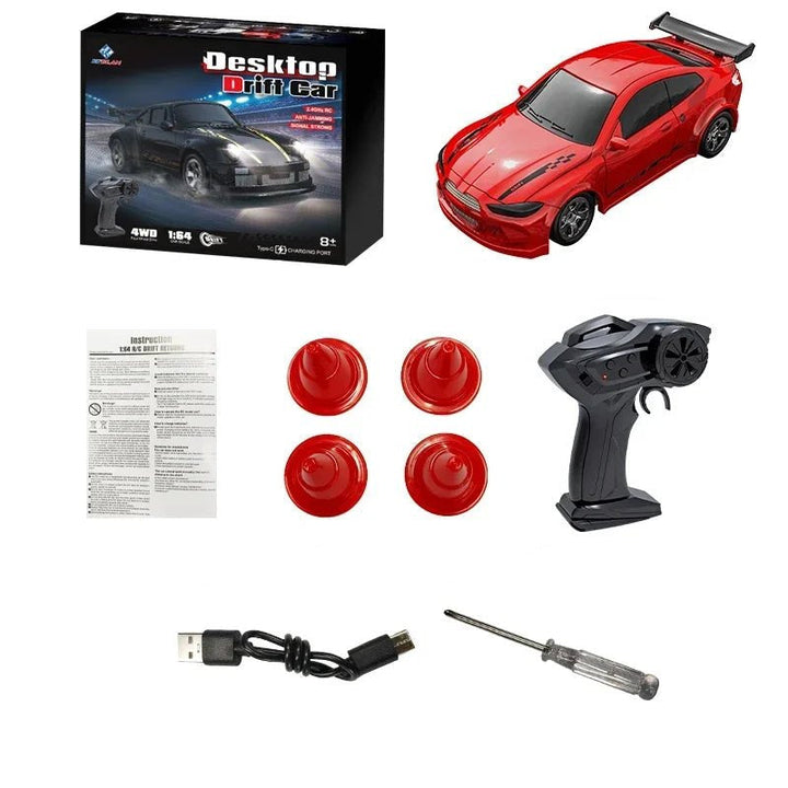 Side view: Compact mini 4WD RC drift car. A dynamic remote control toy for play.