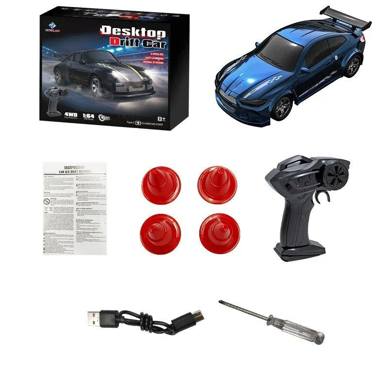 Top view: Small 4WD RC racing car. Perfect remote control toy for indoor drifting.
