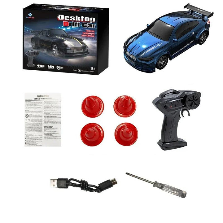 Top view: Small 4WD RC racing car. Perfect remote control toy for indoor drifting.