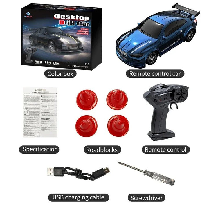 Child laughing, playing with a mini 4WD RC car, enjoying remote control drift racing.