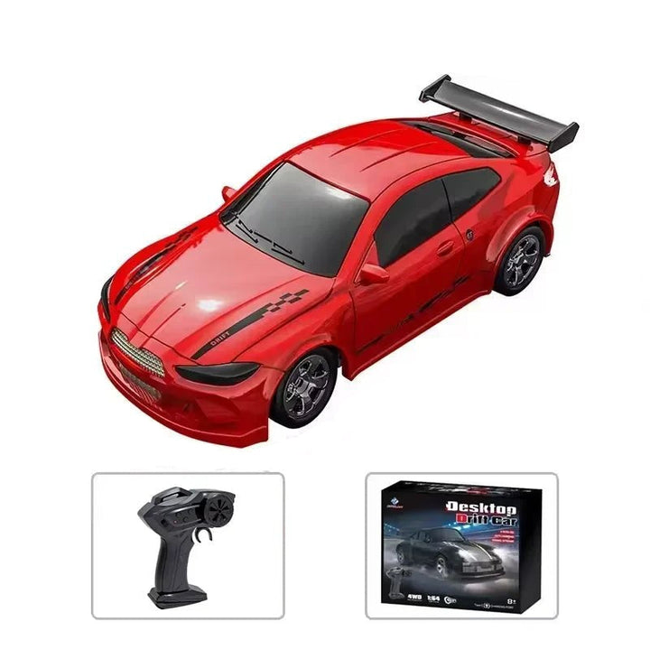 Mini 4WD RC car speeding & drifting. Exciting remote control racing toy on a track.