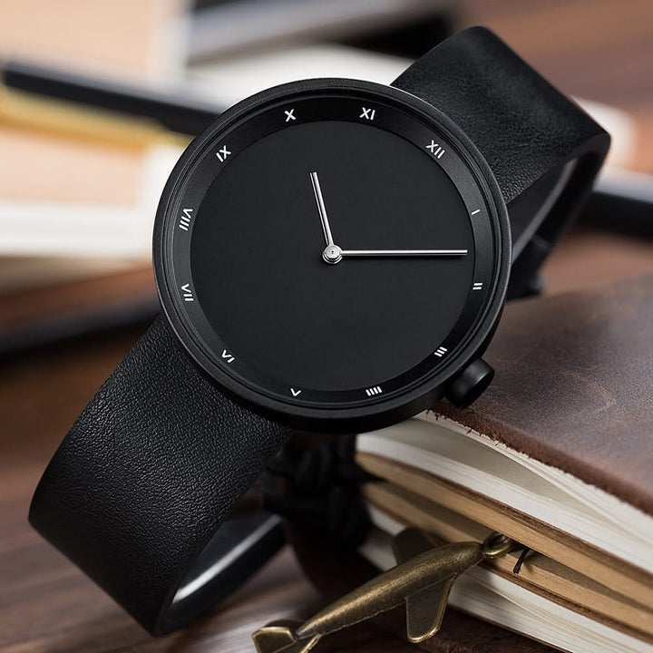 Sophisticated black minimalist quartz wrist watch, a stylish and timeless accessory for men and women.