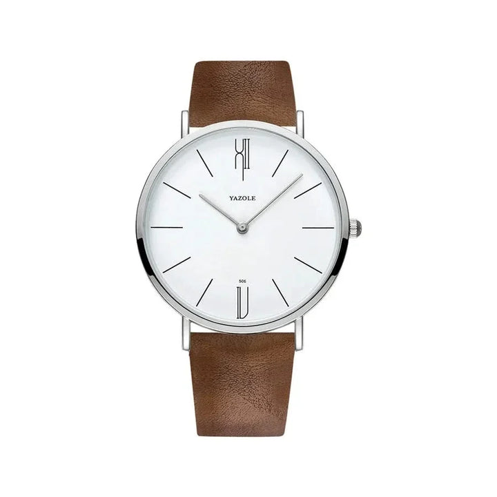 Side view of a slender unisex minimalist watch, emphasizing the thin stainless steel case and genuine leather band.
