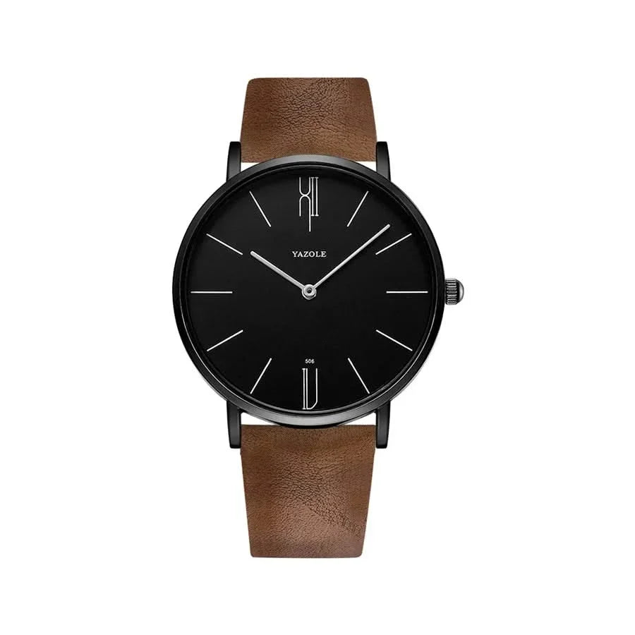 Classic black leather band minimalist watch, designed with a sleek stainless steel case. Unisex elegance.