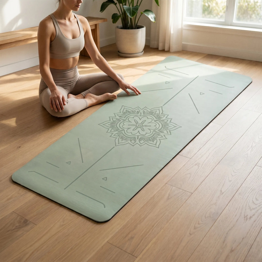 Unisex mint green yoga & Pilates mat with guided alignment lines, perfect for home gym exercises and workouts.