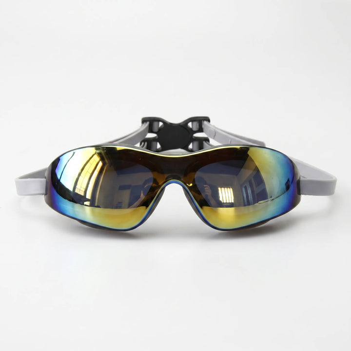 Leak-proof unisex mirrored swim goggles, adjustable silicone strap for comfortable fit & aquatic sports.