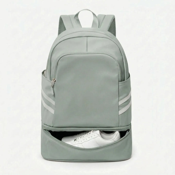 Front view: Unisex multi-pocket sports backpack for daily organization, gym, travel & laptop.