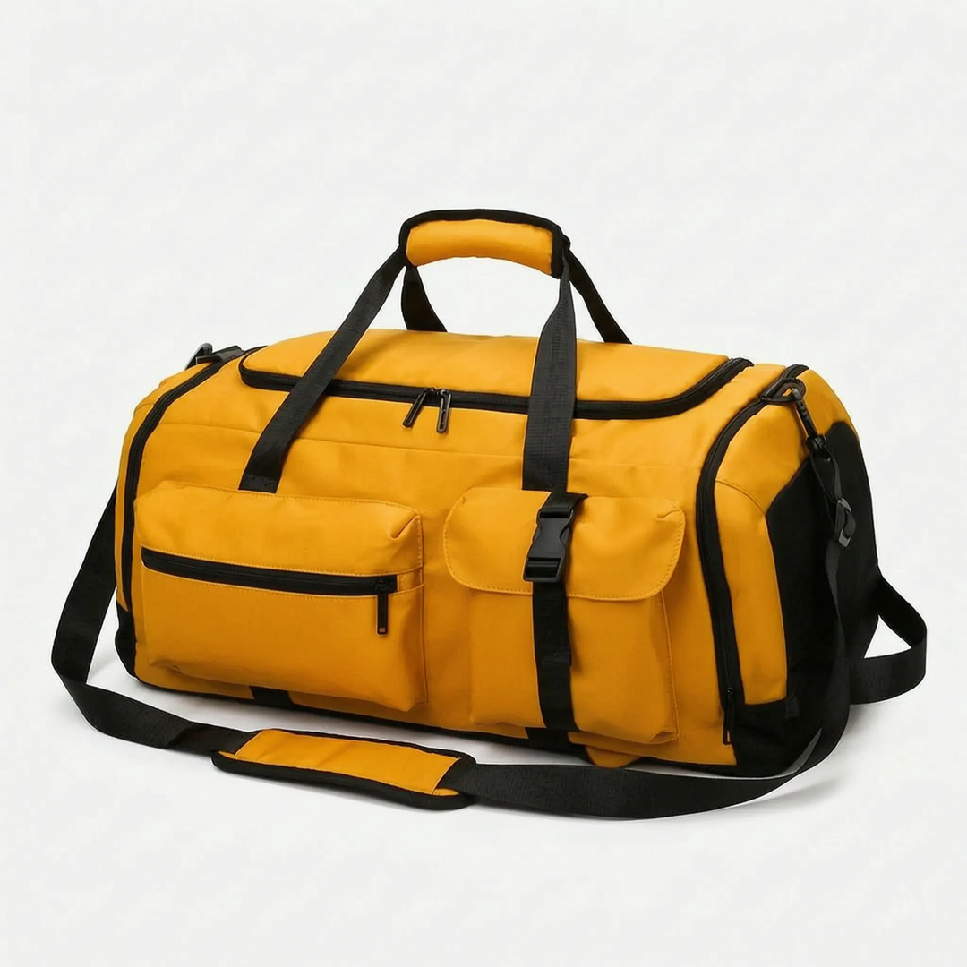 Large capacity duffel backpack with multiple compartments, designed for unisex sports, gym, and travel.