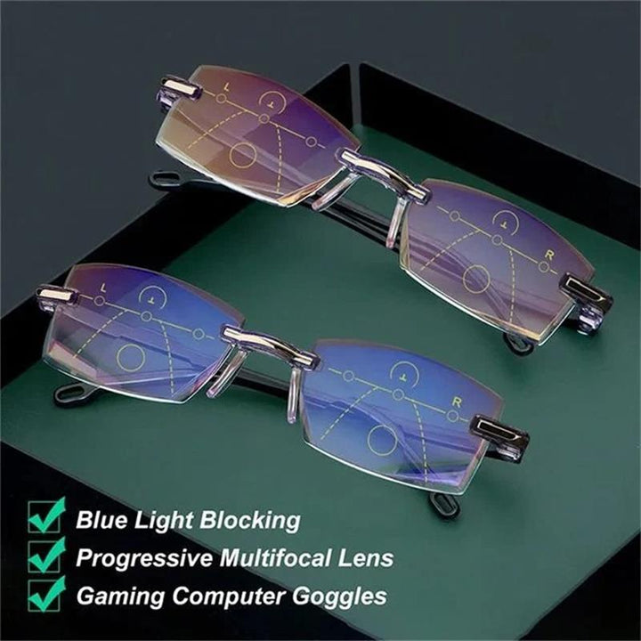 Unisex multifocal reading glasses with blue light filter for digital eye protection & clear vision.
