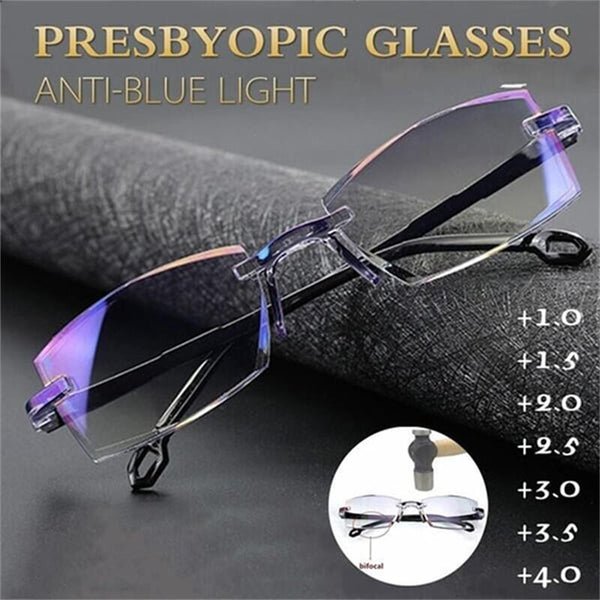 Anti-glare computer reading glasses, multifocal with blue light filter for digital eye strain protection.