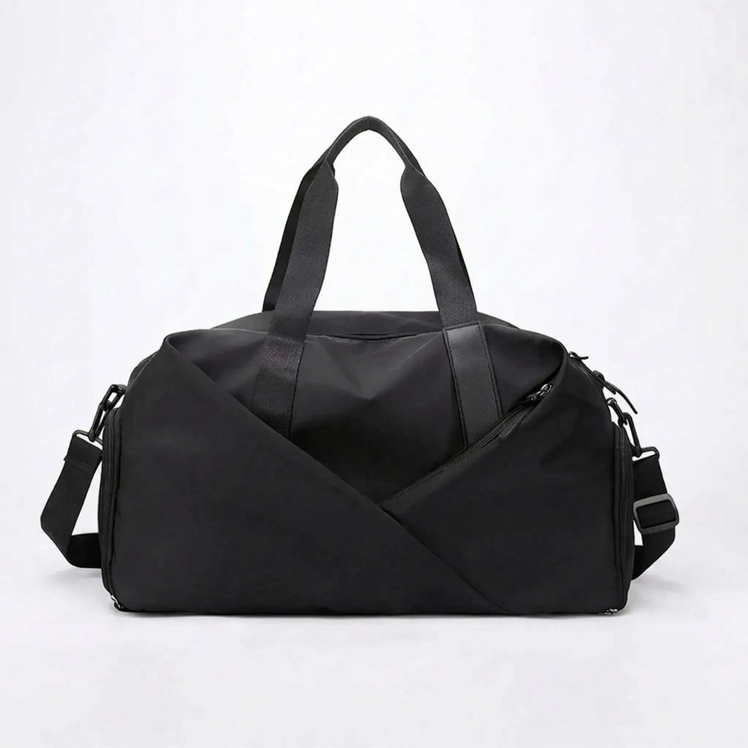 Multifunctional gym duffel bag with a separate ventilated shoe compartment, ideal for athletic and travel use.