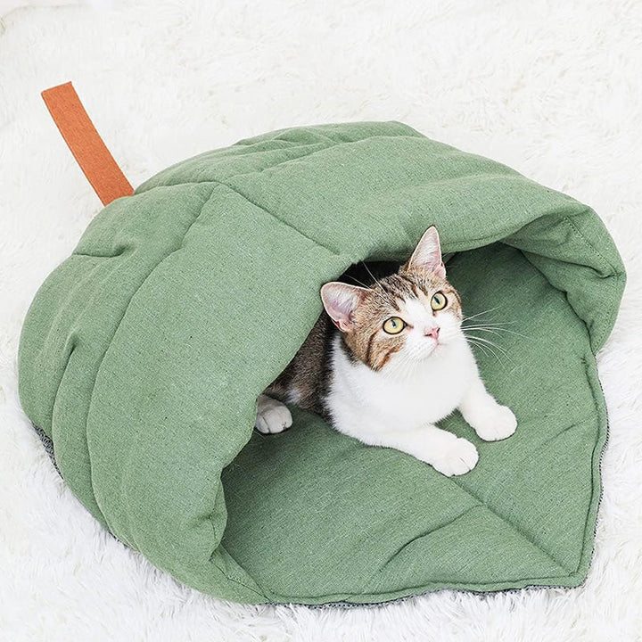 Unisex natural linen fabric cat cave bed for cozy pet sleeping, neutral tone, pet comfort