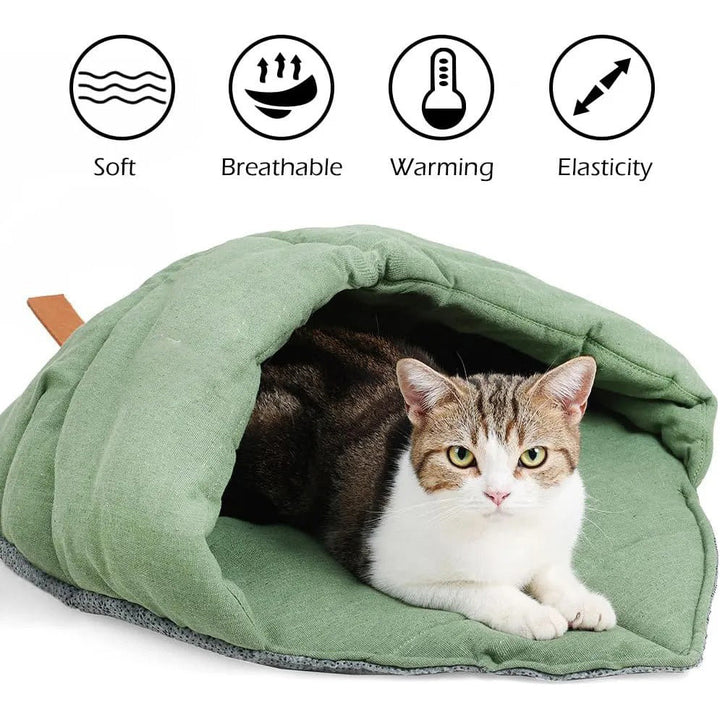 Cozy cat sleeping bag made of beige linen fabric, perfect for small pets, washable