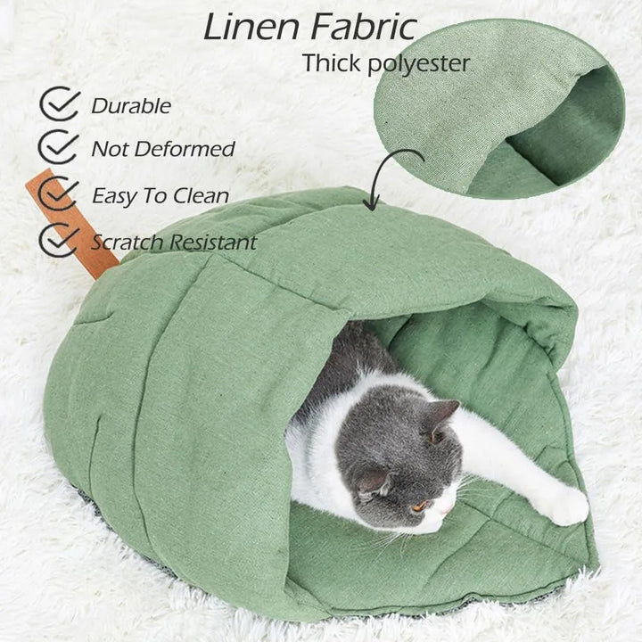 Close-up of the texture of the linen fabric cat cave, highlighting its quality