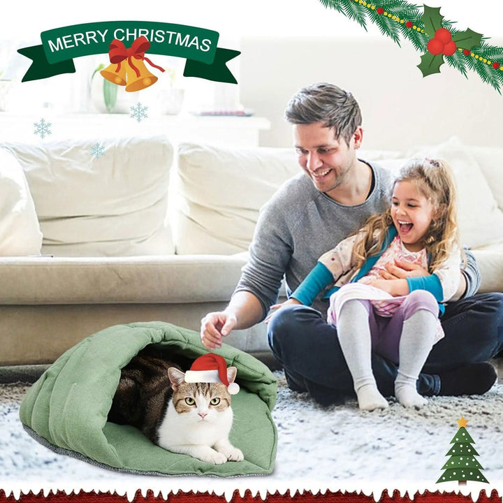Washable linen pet bed, a durable cat cave sleeping bag for easy maintenance