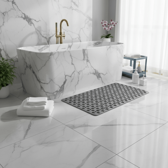 Clear non-slip bath mat for safe showering, featuring strong suction cups for ultimate bathroom safety.