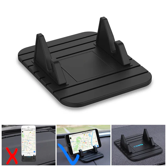 Universal smartphone holder for hands-free driving. Non-slip silicone grip for secure car dashboard mounting.