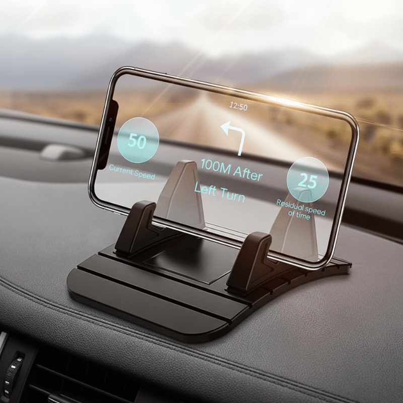 Unisex non-slip car phone holder with secure dashboard grip. Universal smartphone stand, auto accessory.