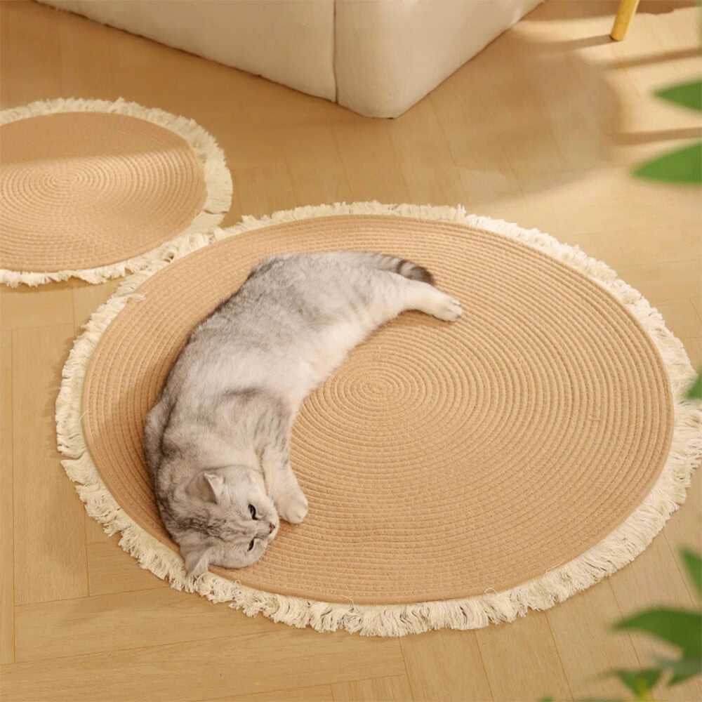 Unisex Nordic handwoven cotton rope cat scratch mat rug with fringe, pet and home decor