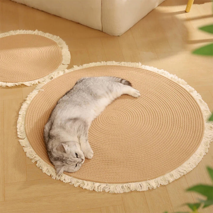 Unisex Nordic handwoven cotton rope cat scratch mat rug with fringe, pet and home decor