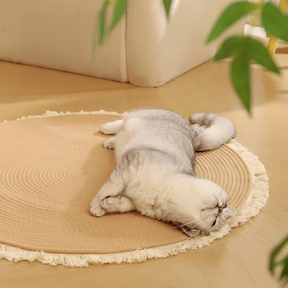Stylish cat scratching mat, Nordic design with fringe, made from durable cotton rope for pets