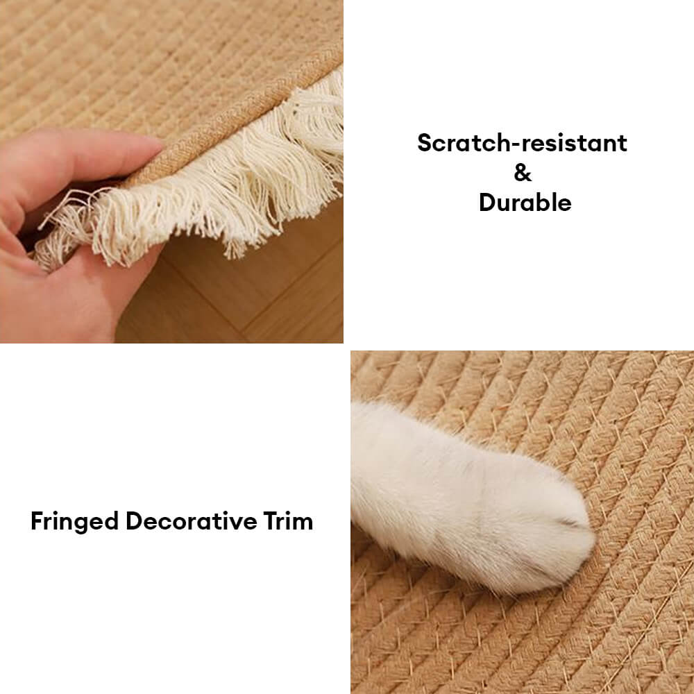 Cat happily scratching the handwoven Nordic cotton rope mat with decorative fringe