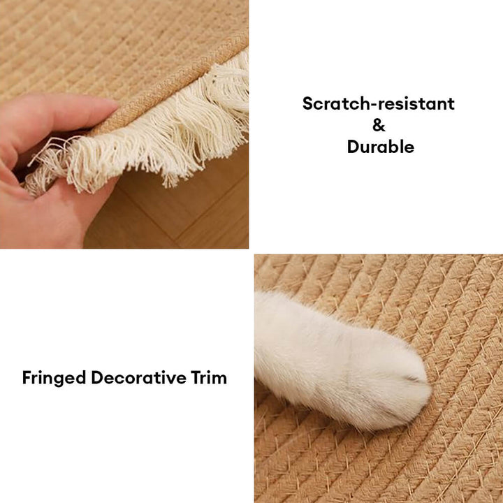 Cat happily scratching the handwoven Nordic cotton rope mat with decorative fringe