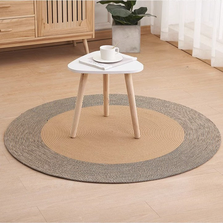 Neutral-toned Nordic cat scratcher rug with playful fringe, ideal for any home interior