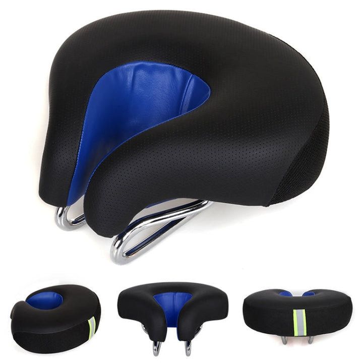 Unisex noseless mountain bike saddle with thick soft padding for pressure relief and long-distance comfort.