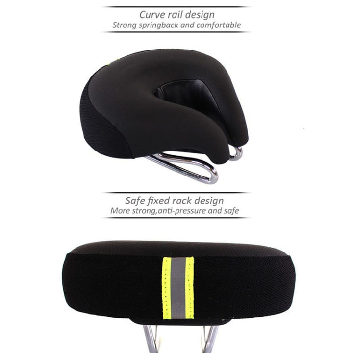 Durable noseless saddle designed for mountain biking. Unisex, with thick, soft padding for comfortable cycling.