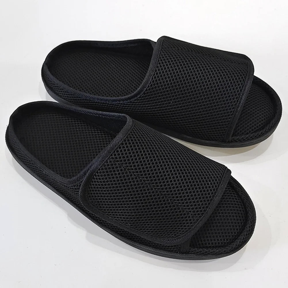 Adjustable unisex diabetic slippers, openable design for swollen feet, easy on/off hook and loop. Comfort footwear.