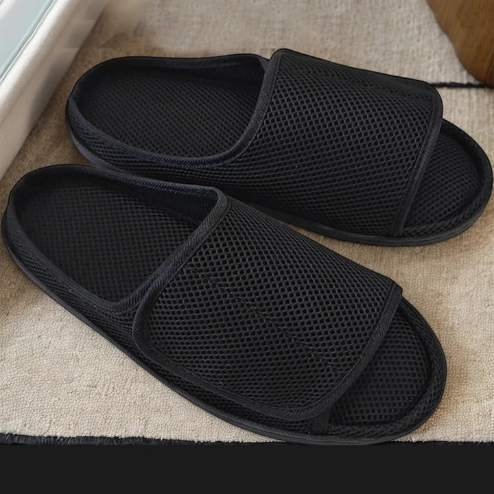 Diabetic and swollen feet comfort: adjustable, wide-fit openable slippers with hook-and-loop for sensitive feet.