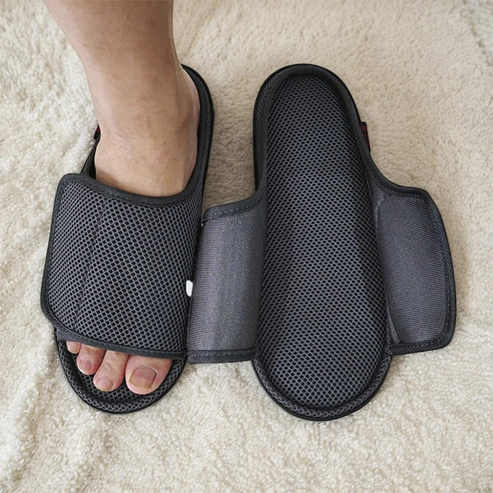 Supportive unisex post-surgery slippers, wide fit, adjustable for swollen & diabetic feet. Easy wear design.