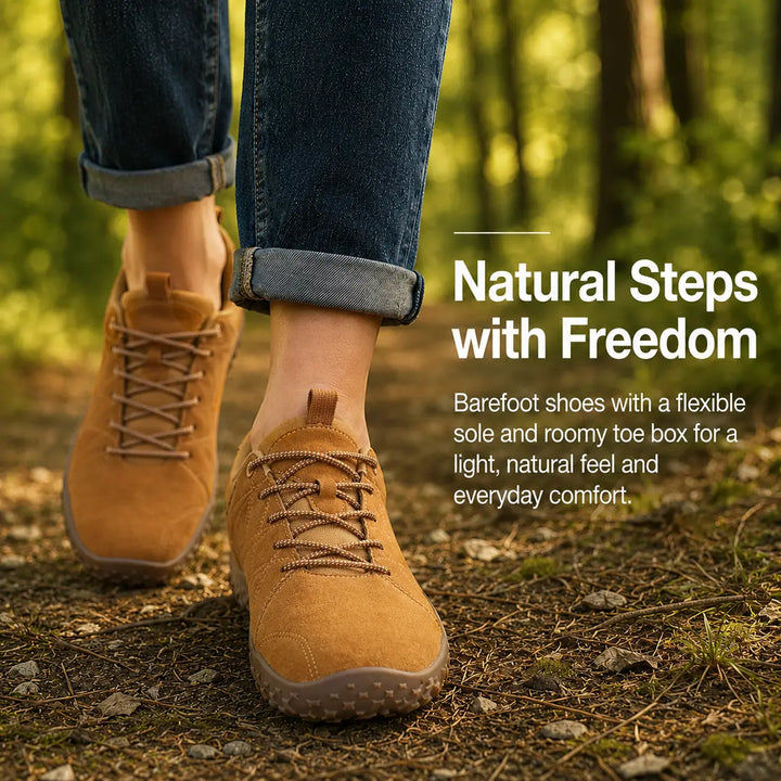 Barefoot hiking trainers: zero drop, wide toe box. Orthopedic design for outdoor walking & flexible support.