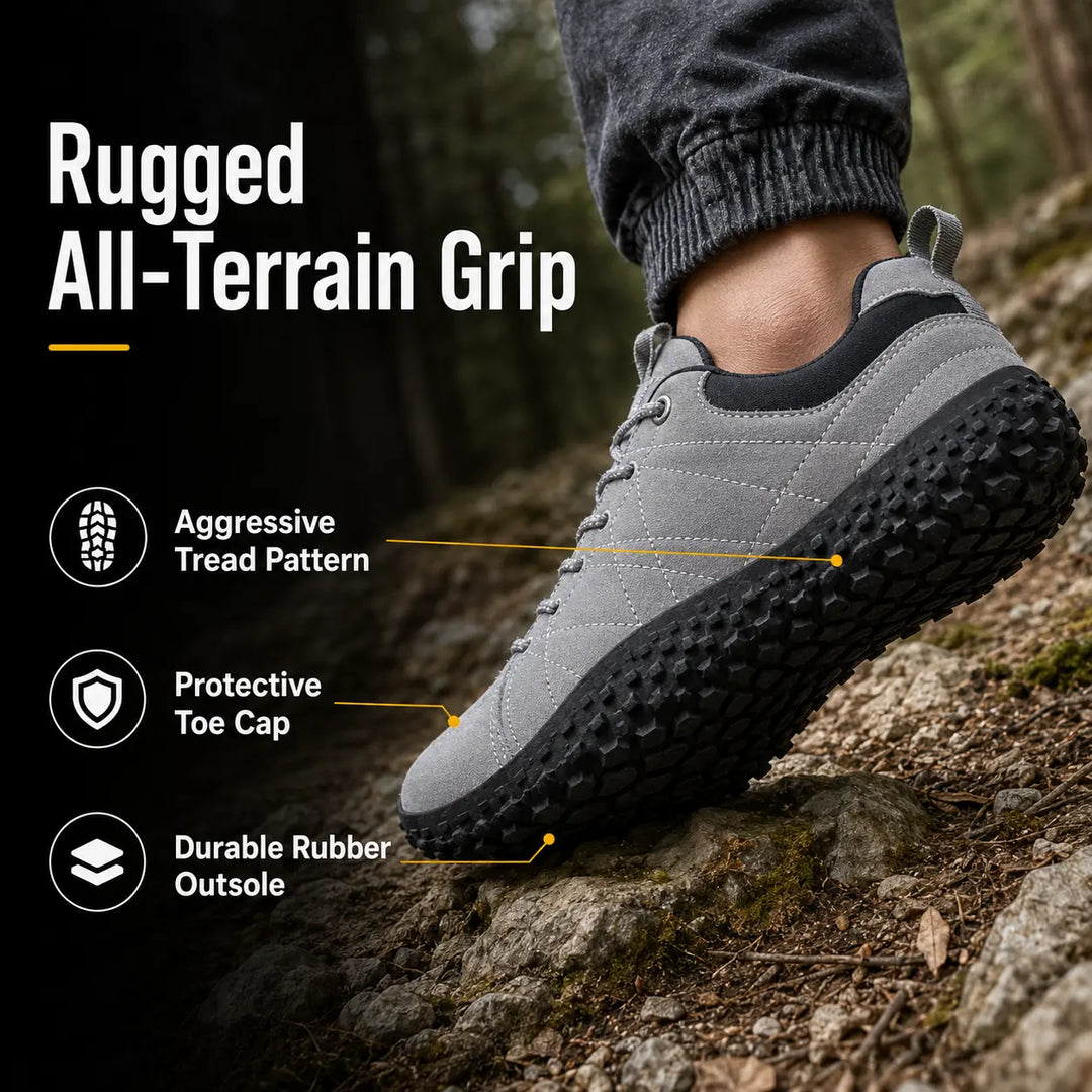 Orthopedic zero drop hiking shoes, wide toe box & non-slip for secure, natural outdoor walking.