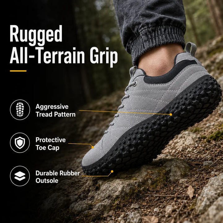 Orthopedic zero drop hiking shoes, wide toe box & non-slip for secure, natural outdoor walking.