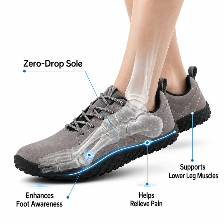 Zero drop hiking trainers, unisex design with wide toe box, offering natural feel & non-slip grip.