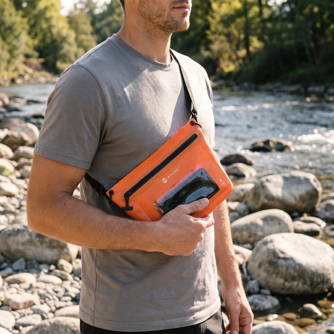 Unisex outdoor crossbody bag with a clear touchscreen window, perfect for hands-free phone access on adventures.
