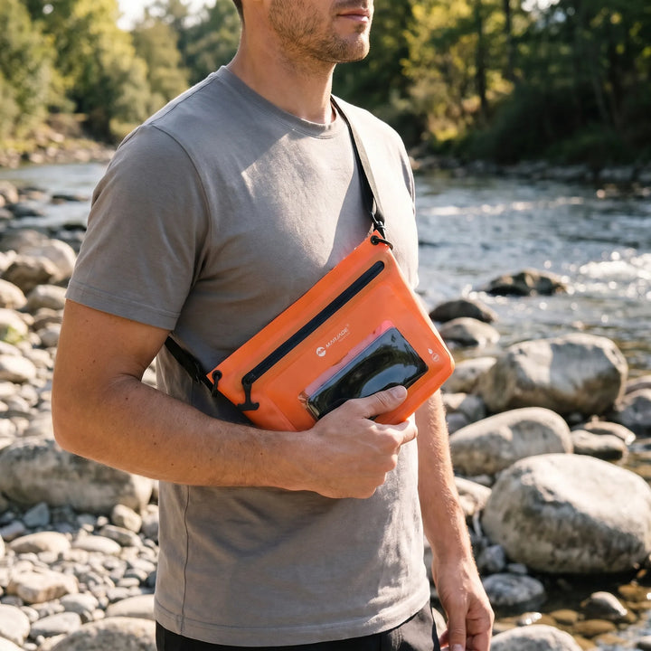 Unisex outdoor crossbody bag with a clear touchscreen window, perfect for hands-free phone access on adventures.