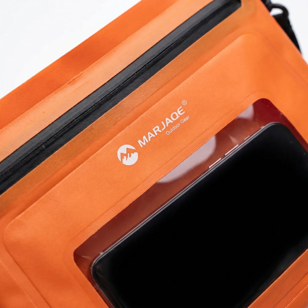 Splash-proof shoulder bag, ideal for hiking & travel, with a secure phone pouch & transparent touchscreen window.