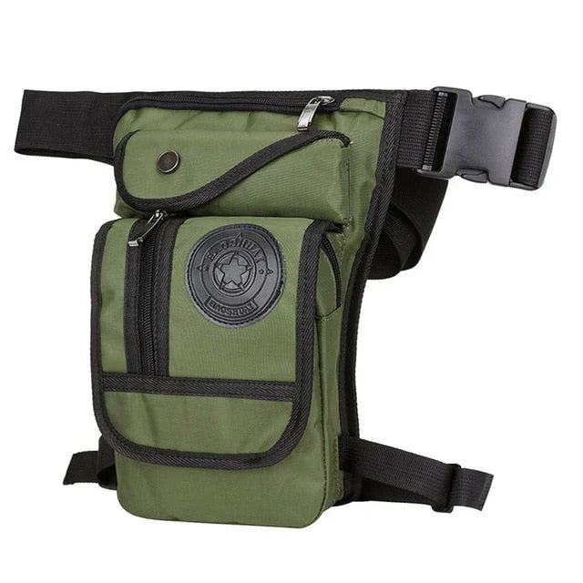 Hip-worn leg bag for outdoor adventures, showing multiple compartments for essentials, unisex design