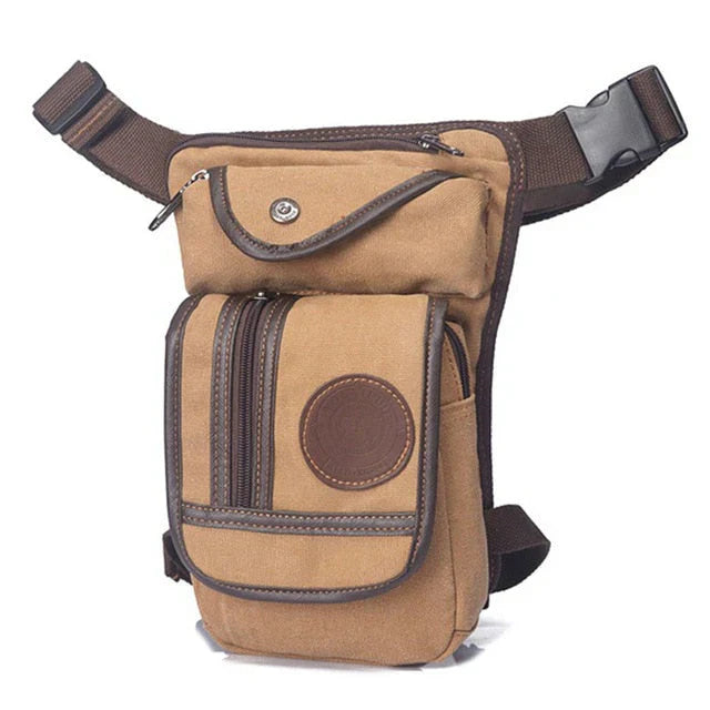 Close-up of a sturdy unisex leg bag with adjustable straps, ideal as a travel accessory or hip bag