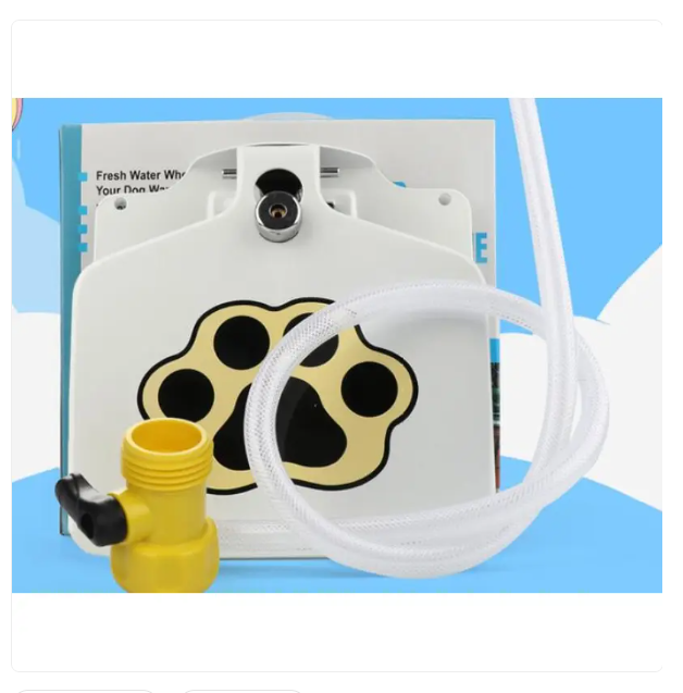 Dog drinking fresh water from an outdoor paw-activated fountain in a garden setting