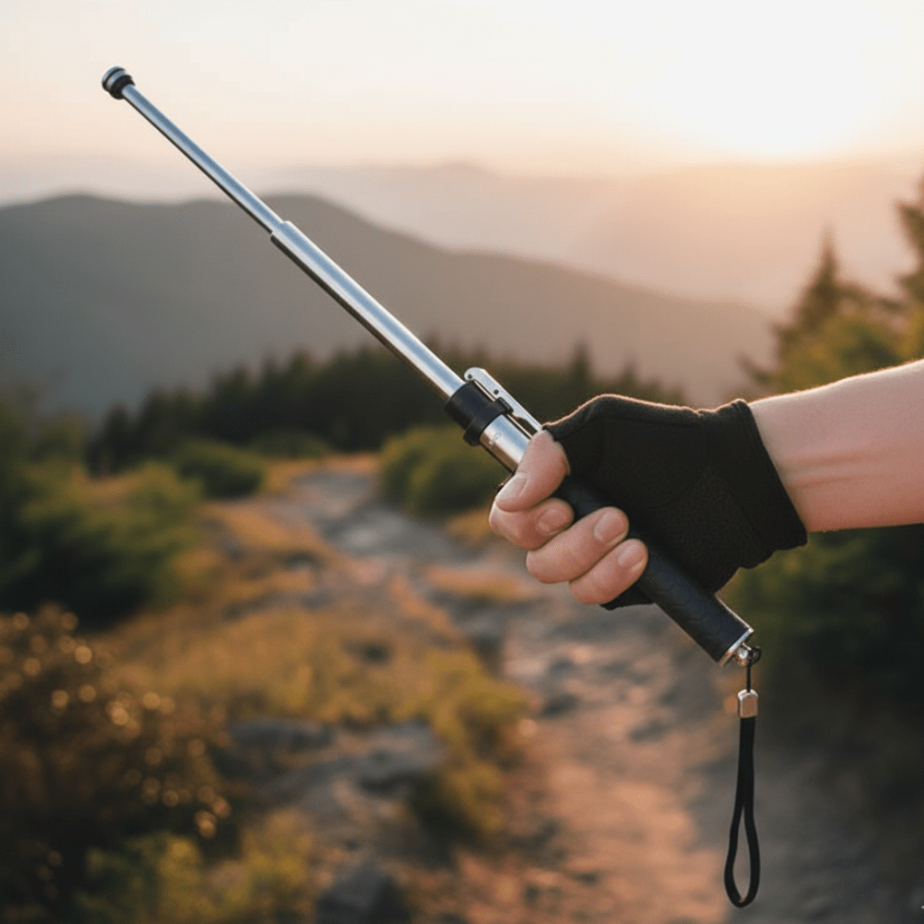 Unisex outdoor trekking pole providing reliable support for hiking, walking & personal safety.