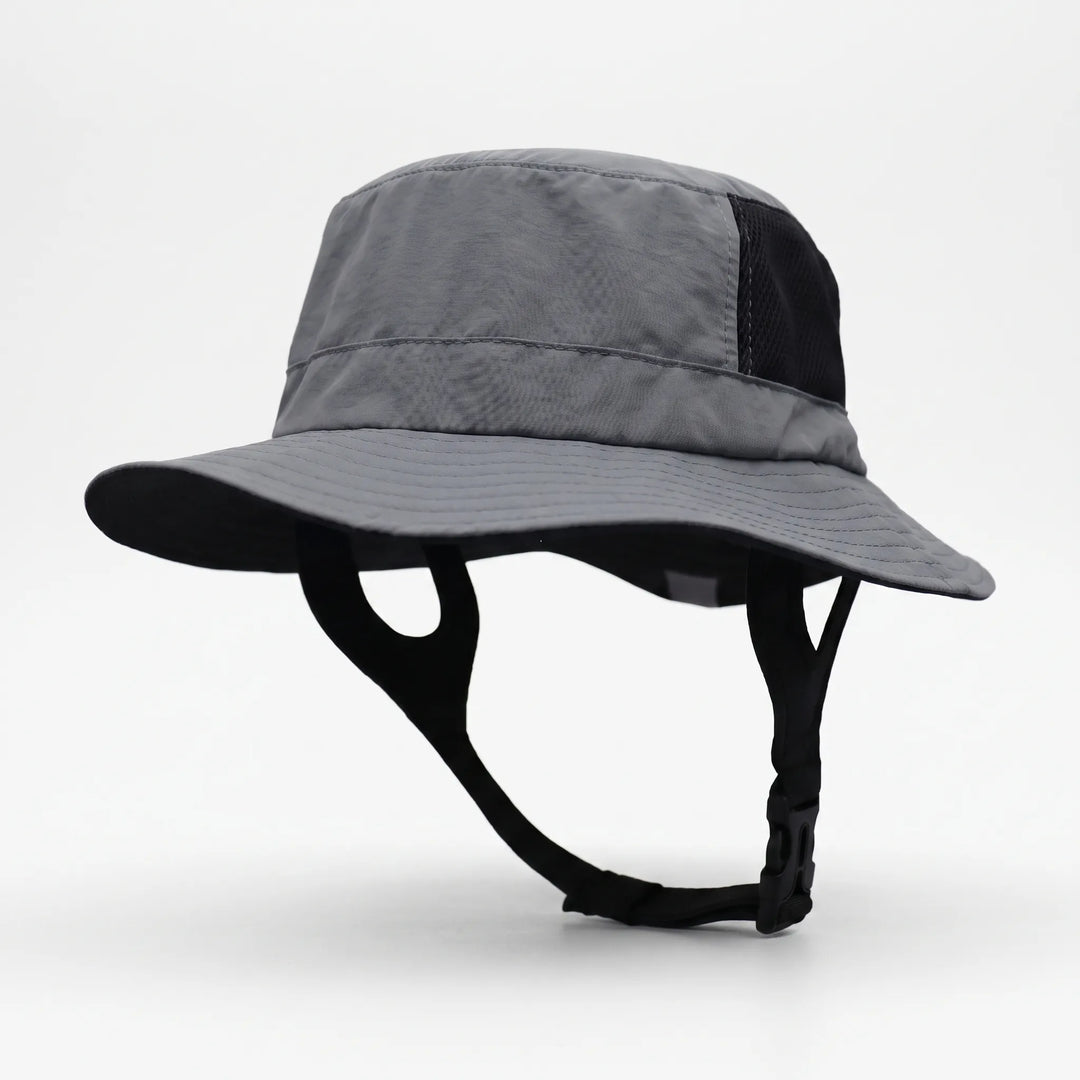 Outdoor unisex ventilated bucket hat. Wide brim & adjustable strap for sun protection during surfing, hiking, fishing.